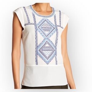 Veronica Beard Baja Flutter Cap Sleeve Top Silk Embroidered Boho Cream Blue 2